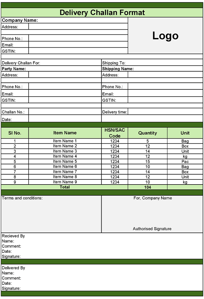 Delivery Challan Format in Excel